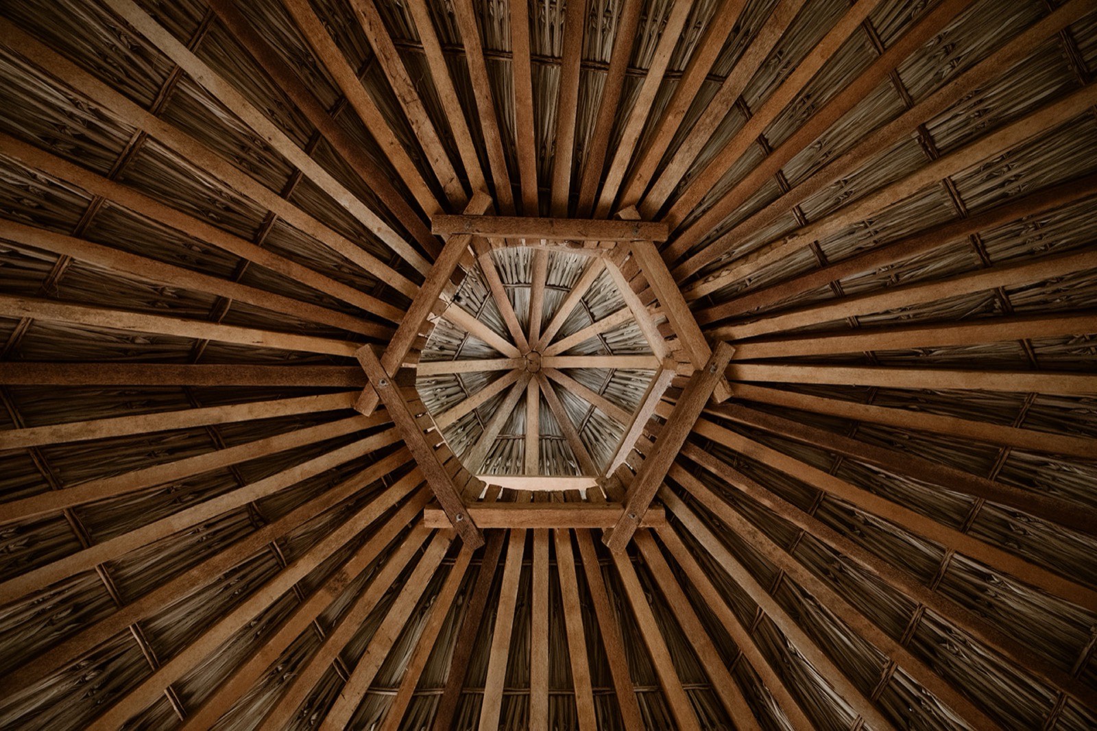 Hexagonal bamboo ceiling of yoga shala